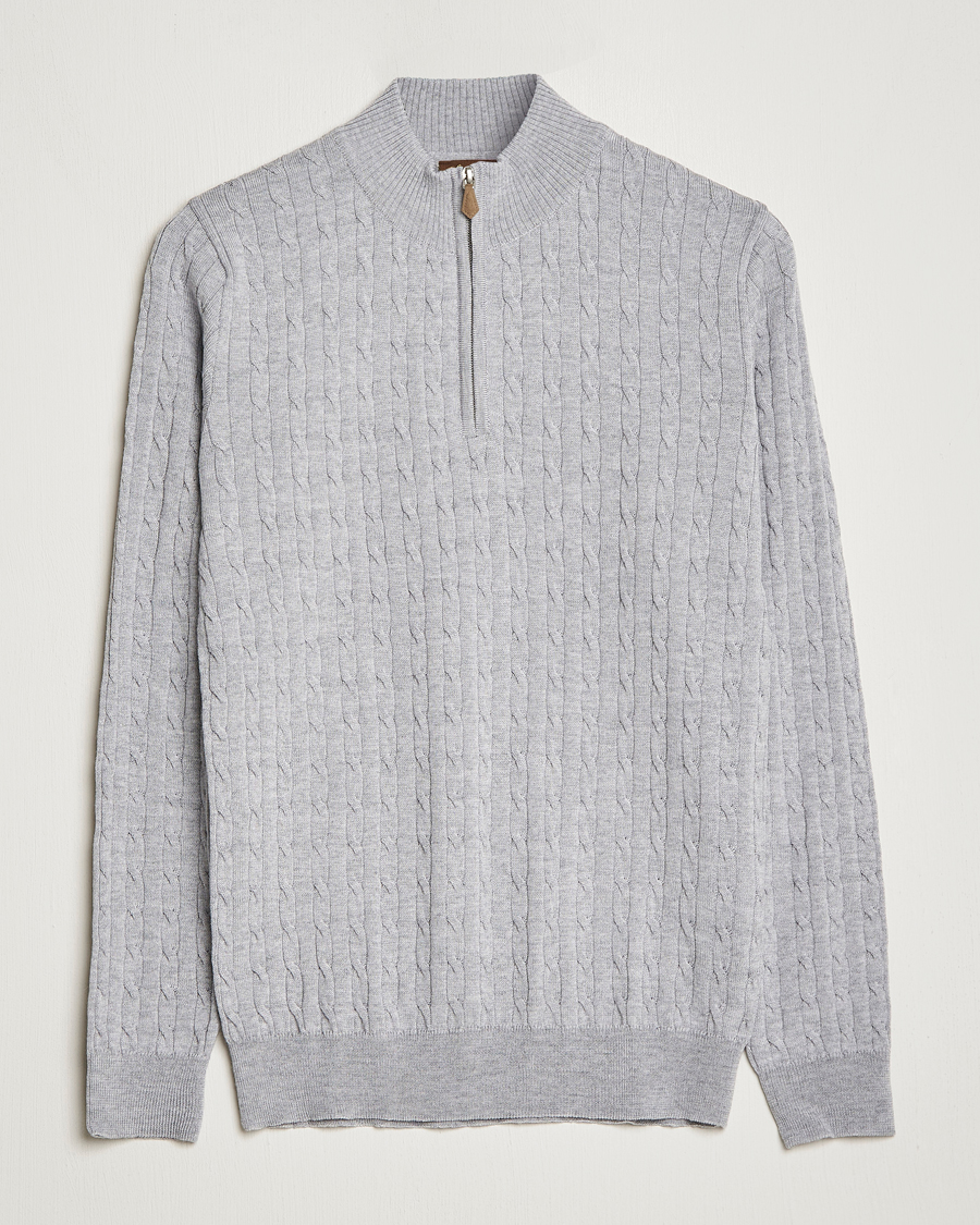 Heren | Truien | Stenströms | Merino Wool Cable Half Zip Light Grey