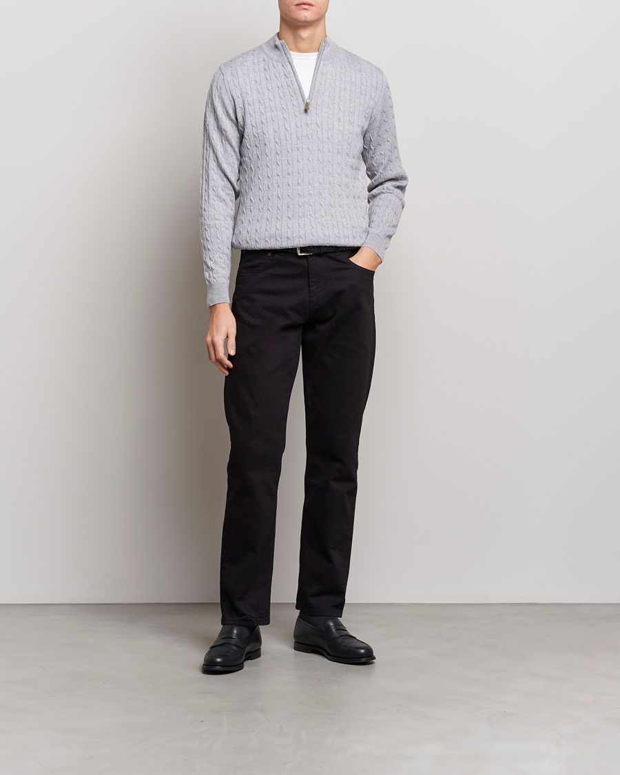 Heren | Truien | Stenströms | Merino Wool Cable Half Zip Light Grey
