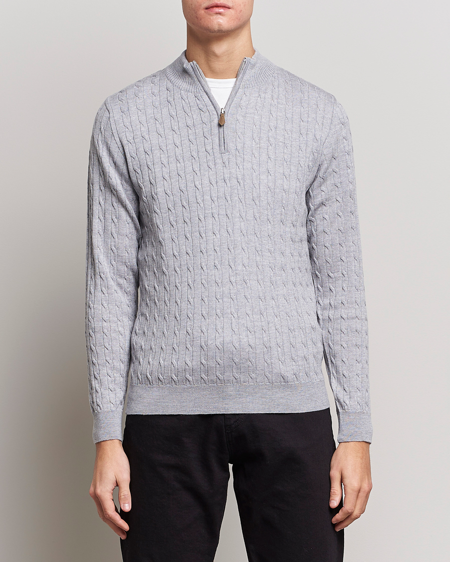 Heren | Truien | Stenströms | Merino Wool Cable Half Zip Light Grey