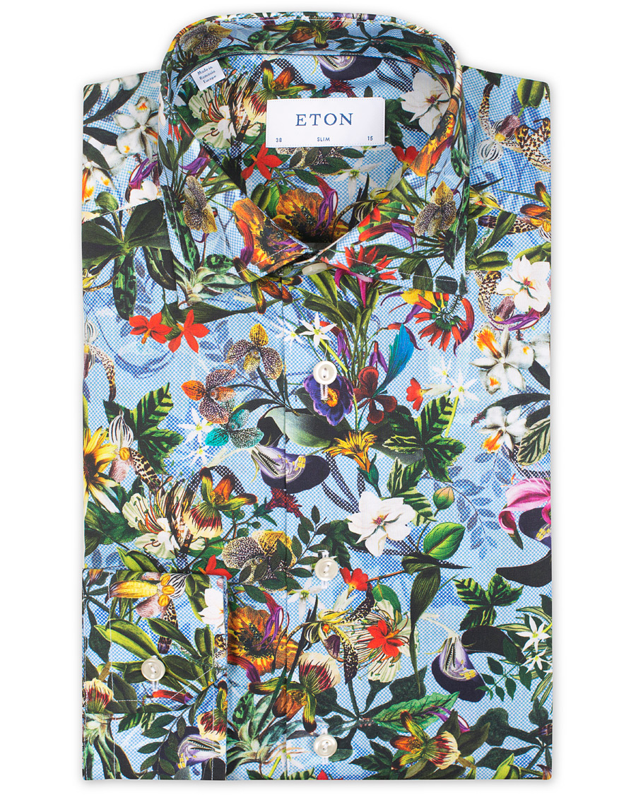 Heren | Overhemden | Eton | Slim Fit Twill Printed Flower Shirt Blue Green
