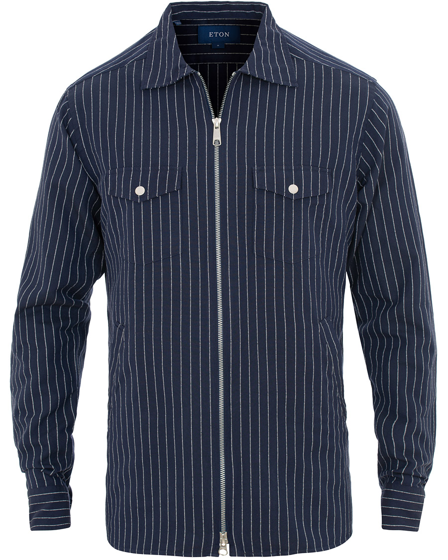Heren | Overhemden | Eton | Slim Fit Twill Pinstripe Zip Over Shirt Blue