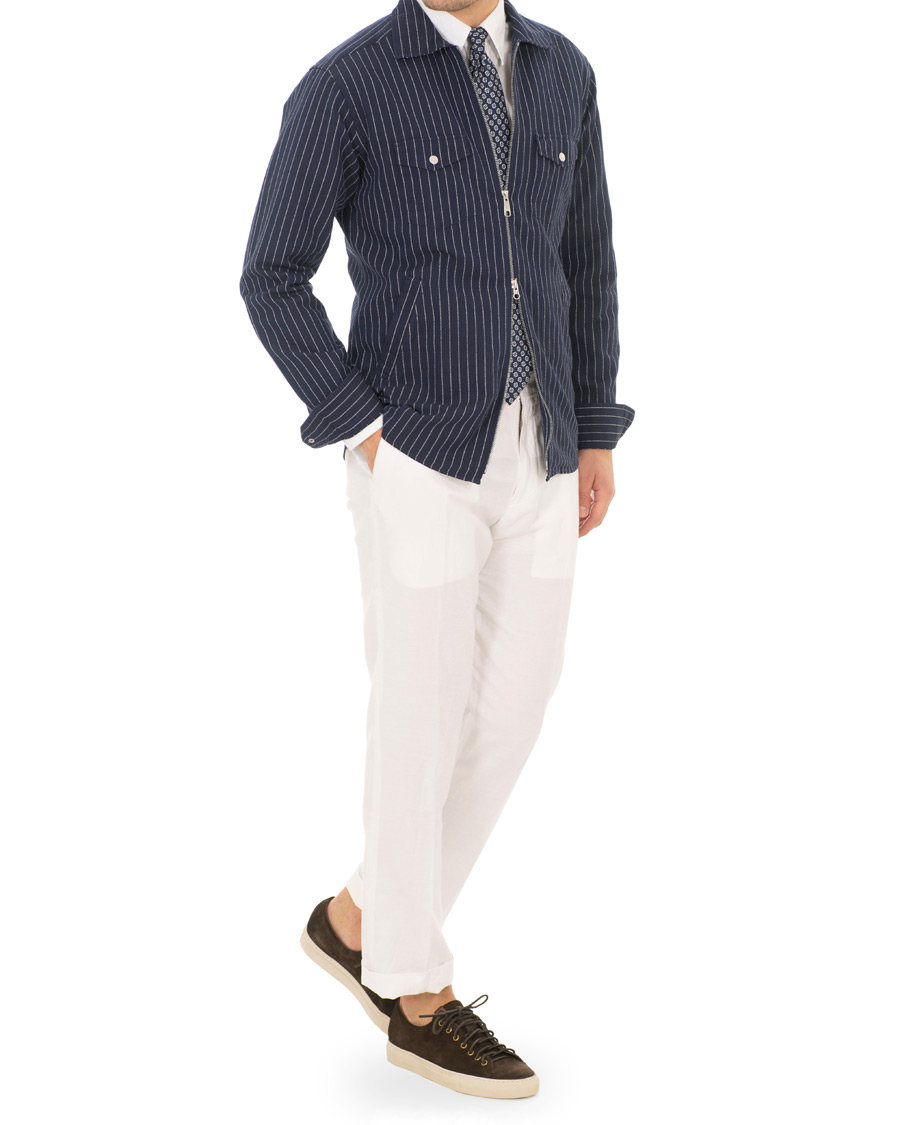 Heren | Overhemden | Eton | Slim Fit Twill Pinstripe Zip Over Shirt Blue