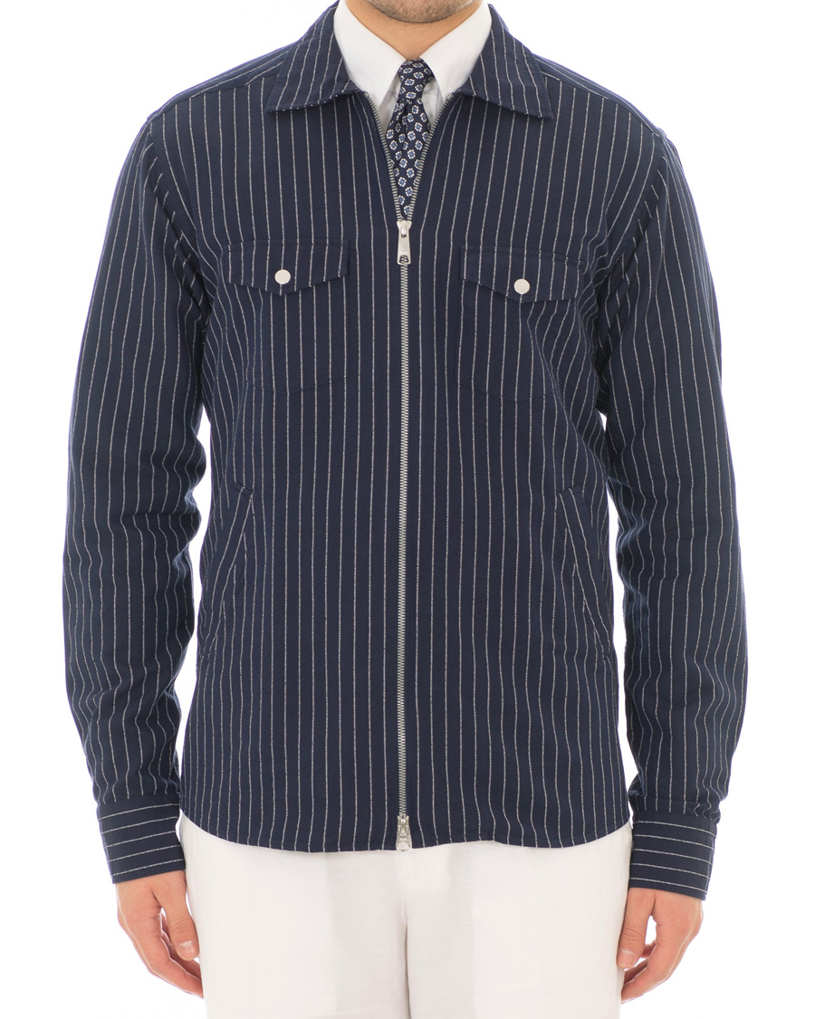 Heren | Overhemden | Eton | Slim Fit Twill Pinstripe Zip Over Shirt Blue