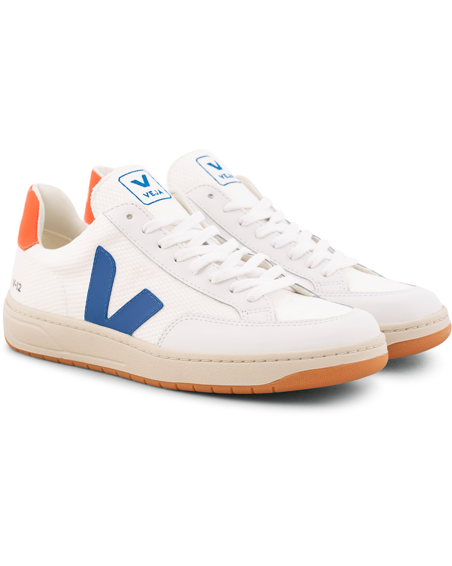 Heren | Veja V-12 Mesh Sneaker White/Indigo/Orange/Flou | Veja | V-12 Mesh Sneaker White/Indigo/Orange/Flou