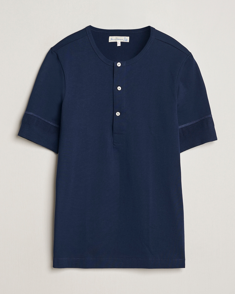 Heren | Truien | Merz b. Schwanen | Short Sleeve Organic Cotton Henley Ink Blue