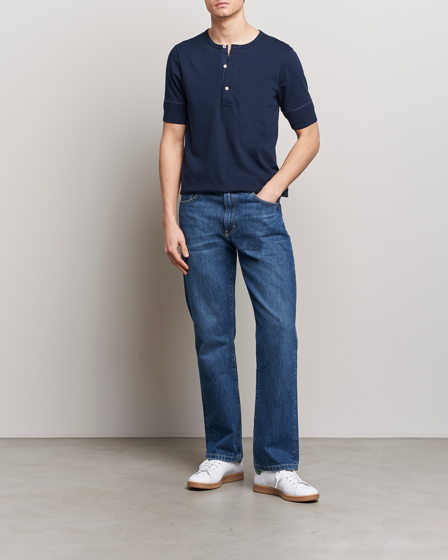 Heren | Truien | Merz b. Schwanen | Short Sleeve Organic Cotton Henley Ink Blue