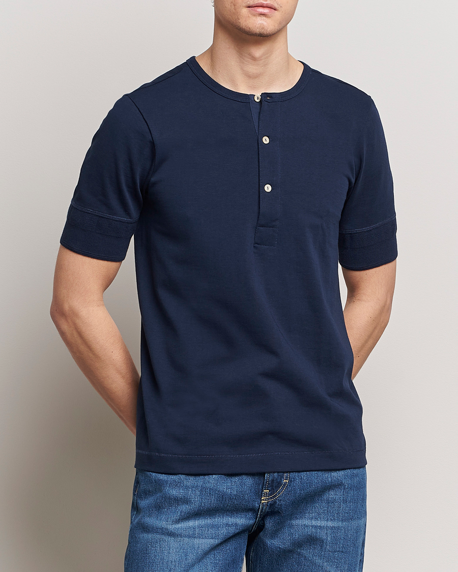 Heren | Henley shirts | Merz b. Schwanen | Short Sleeve Organic Cotton Henley Ink Blue
