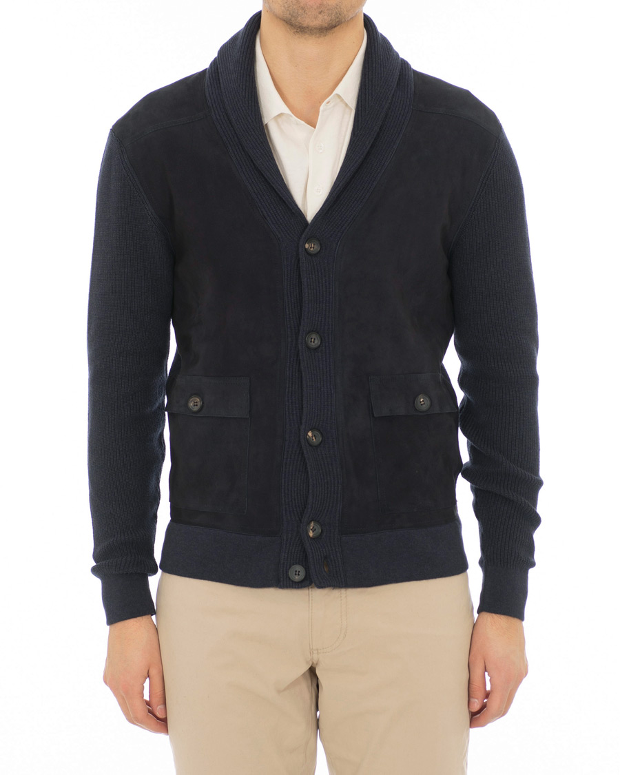 Heren | Truien | Hackett | Mayfair Knitted Suede Cardigan Navy