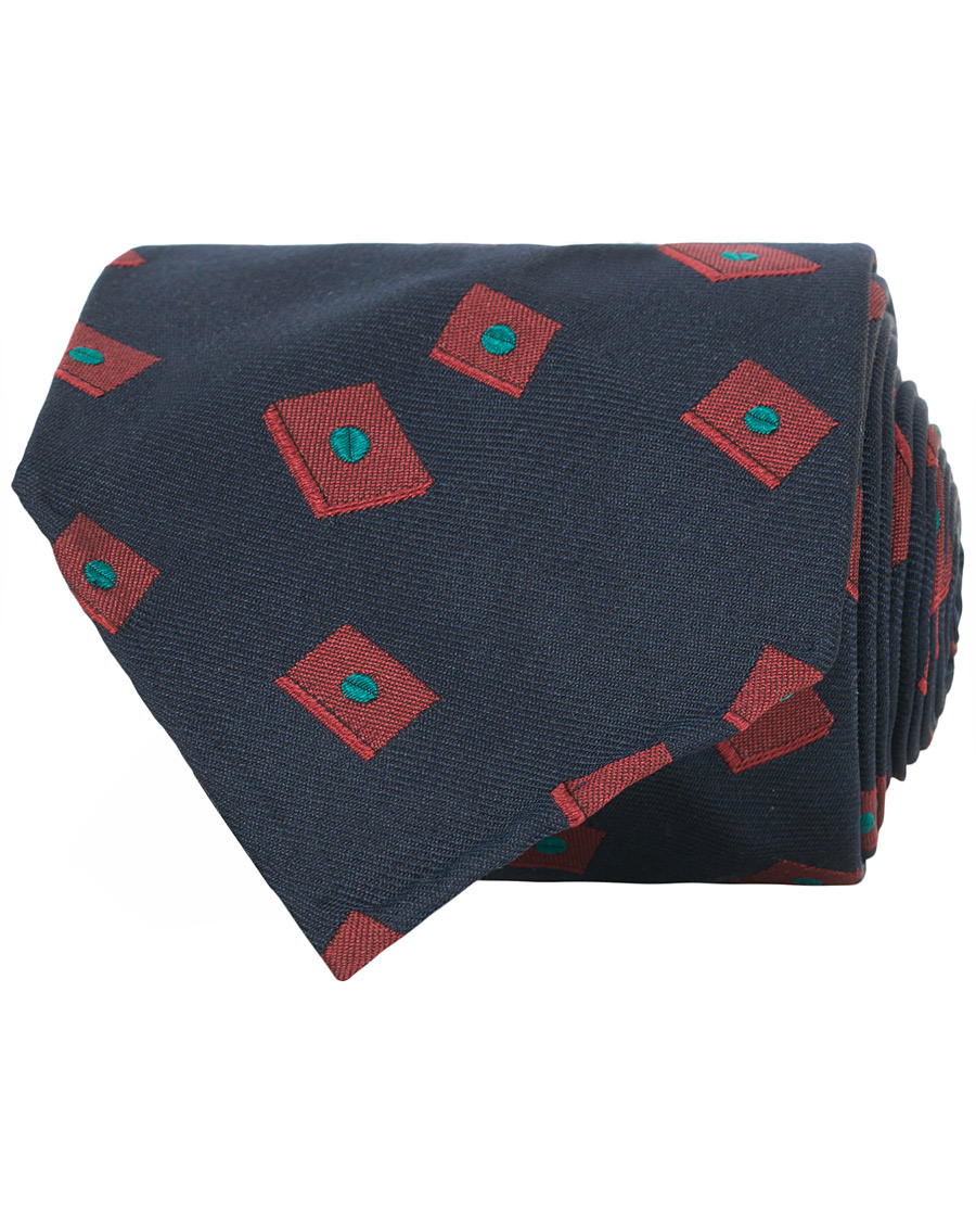 Heren | Berg&Berg Handrolled Seven Fold Jacquard Silk 8 cm Tie Navy/Red | Berg&Berg | Handrolled Seven Fold Jacquard Silk 8 cm Tie Navy/Red