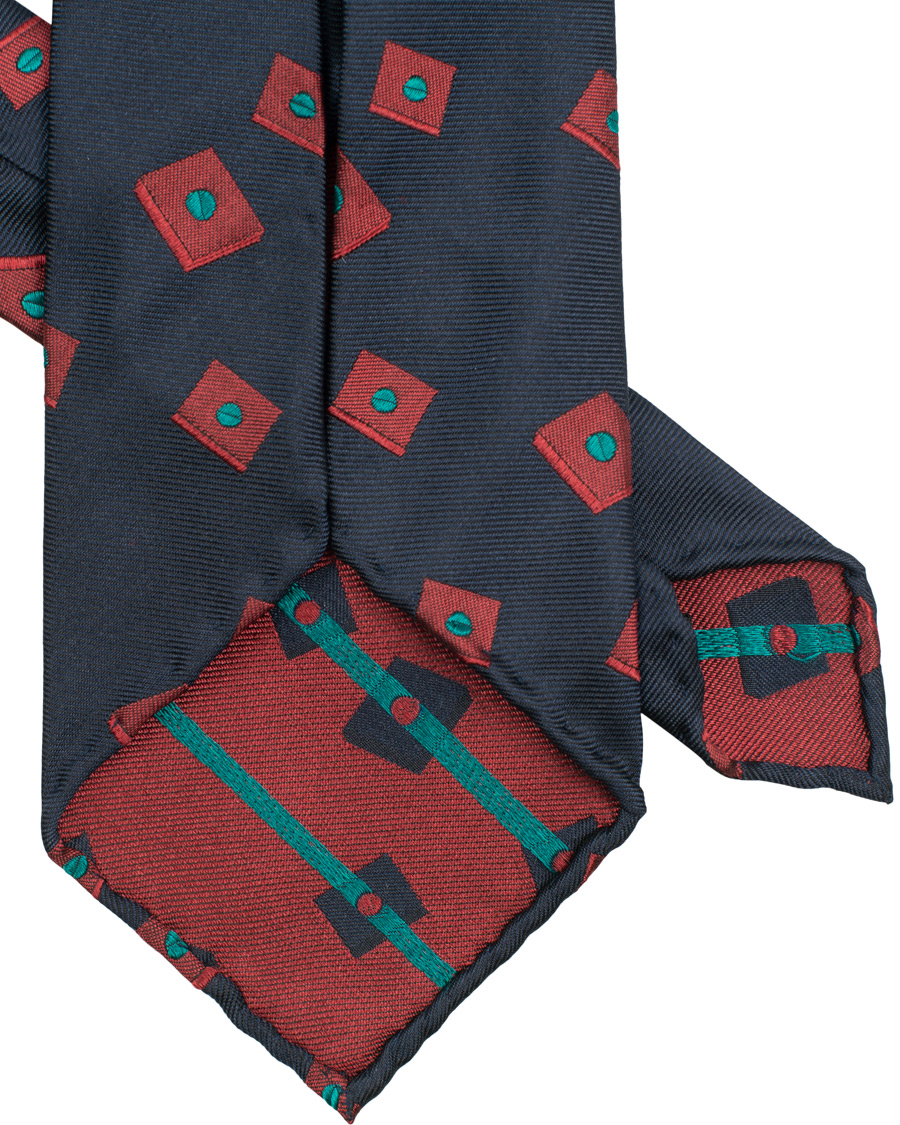 Heren | Berg&Berg Handrolled Seven Fold Jacquard Silk 8 cm Tie Navy/Red | Berg&Berg | Handrolled Seven Fold Jacquard Silk 8 cm Tie Navy/Red