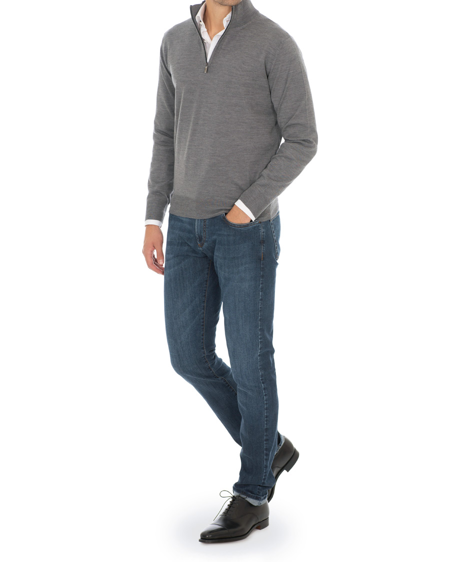 Heren | Truien | Canali | Merino Wool Half Zip Sweater Grey Melange