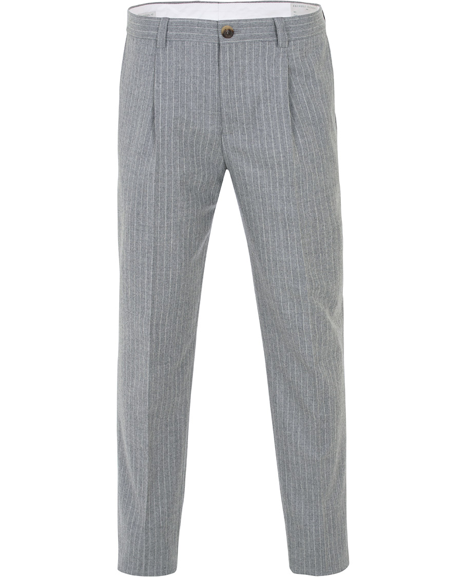 Heren | Broeken | Brunello Cucinelli | Slim Fit Pin Stripe Pleated Flannel Trousers Light Grey