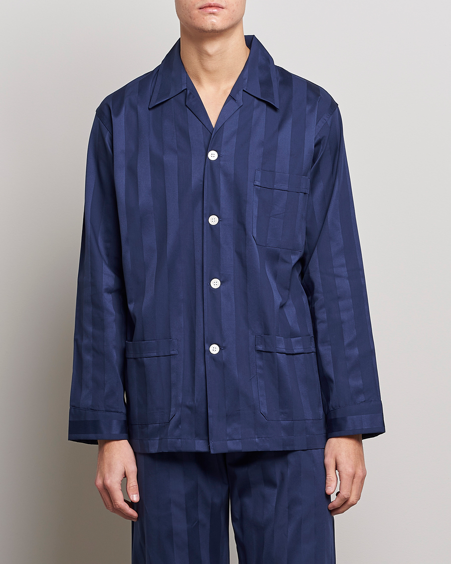 Heren | Pyjama's en gewaden | Derek Rose | Striped Cotton Satin Pyjama Set Navy
