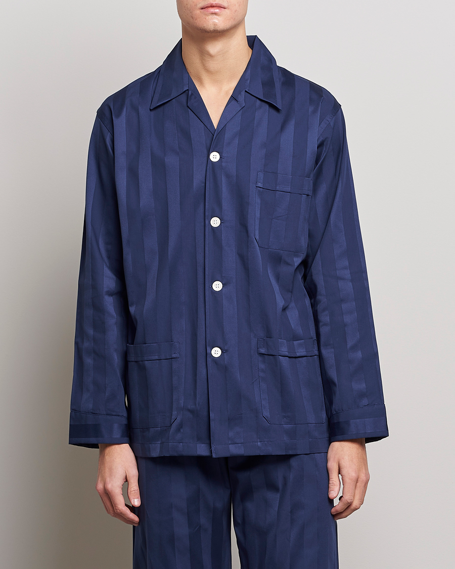 Heren | Pyjama sets | Derek Rose | Striped Cotton Satin Pyjama Set Navy