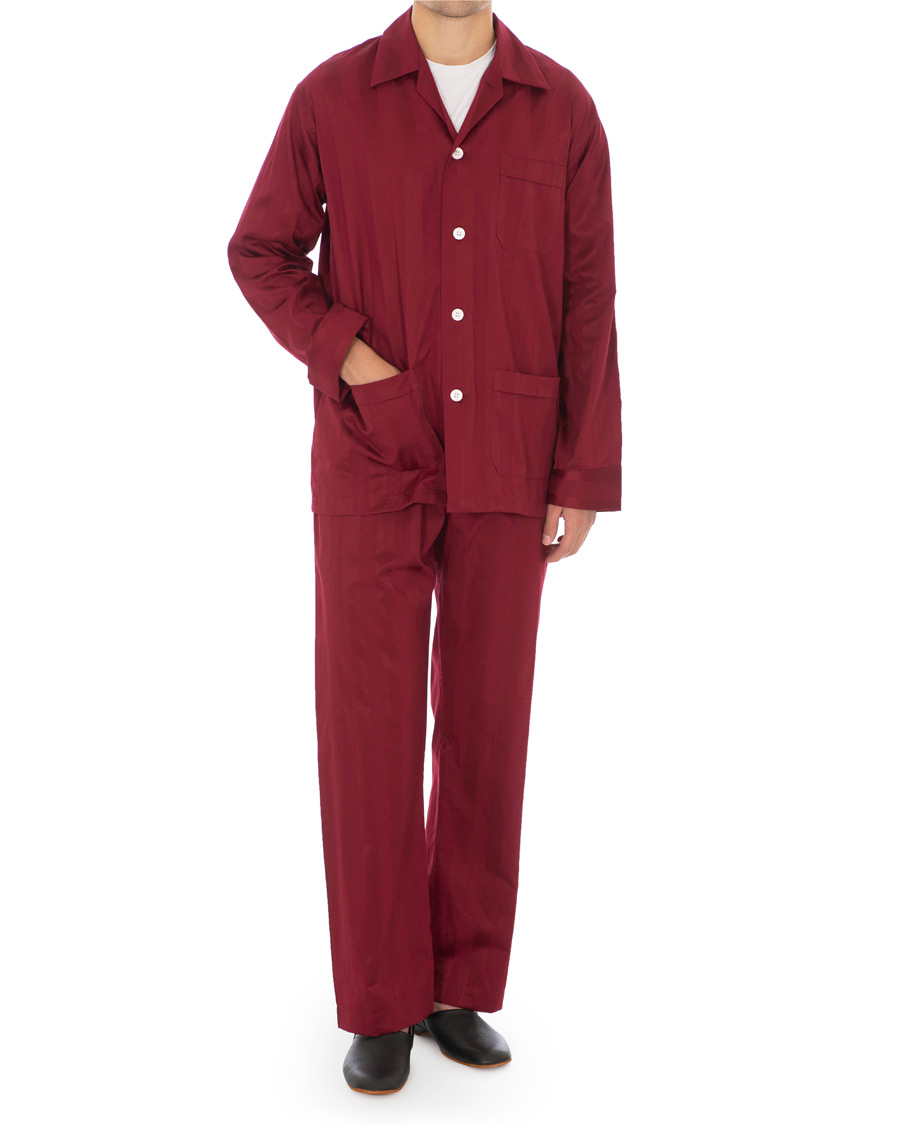 Heren | Pyjama's en gewaden | Derek Rose | Cotton Satin Striped Pyjama Set Wine Red