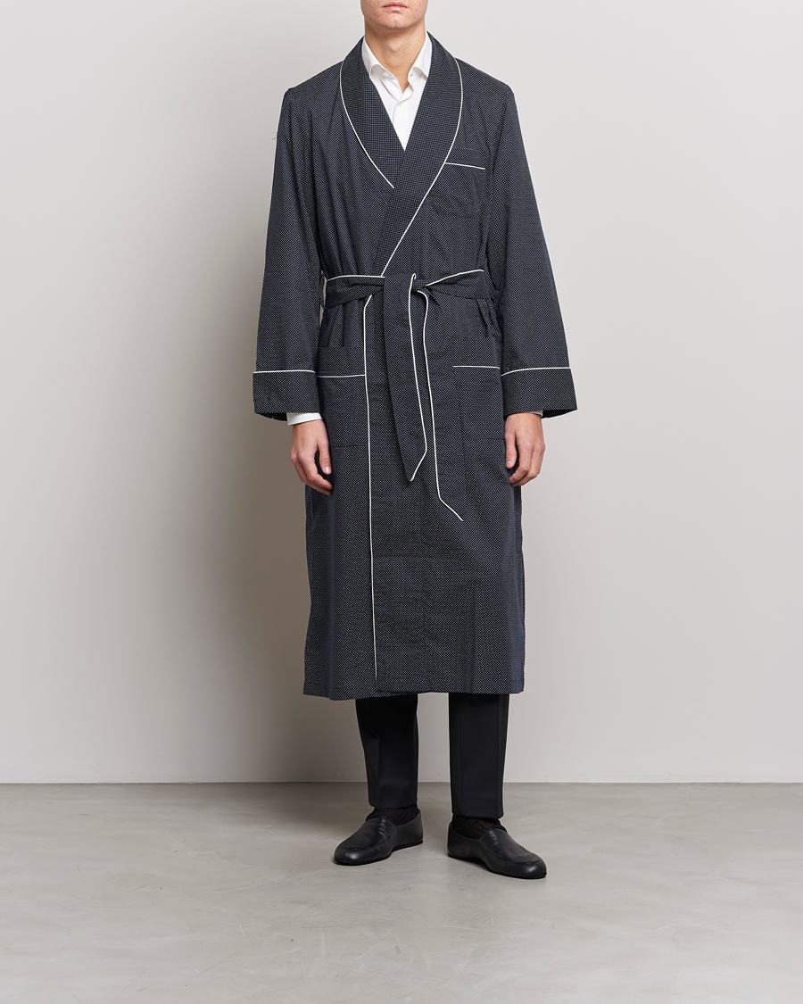 Heren | Pyjama's en gewaden | Derek Rose | Polka Dot Cotton Satin Dressing Gown Navy