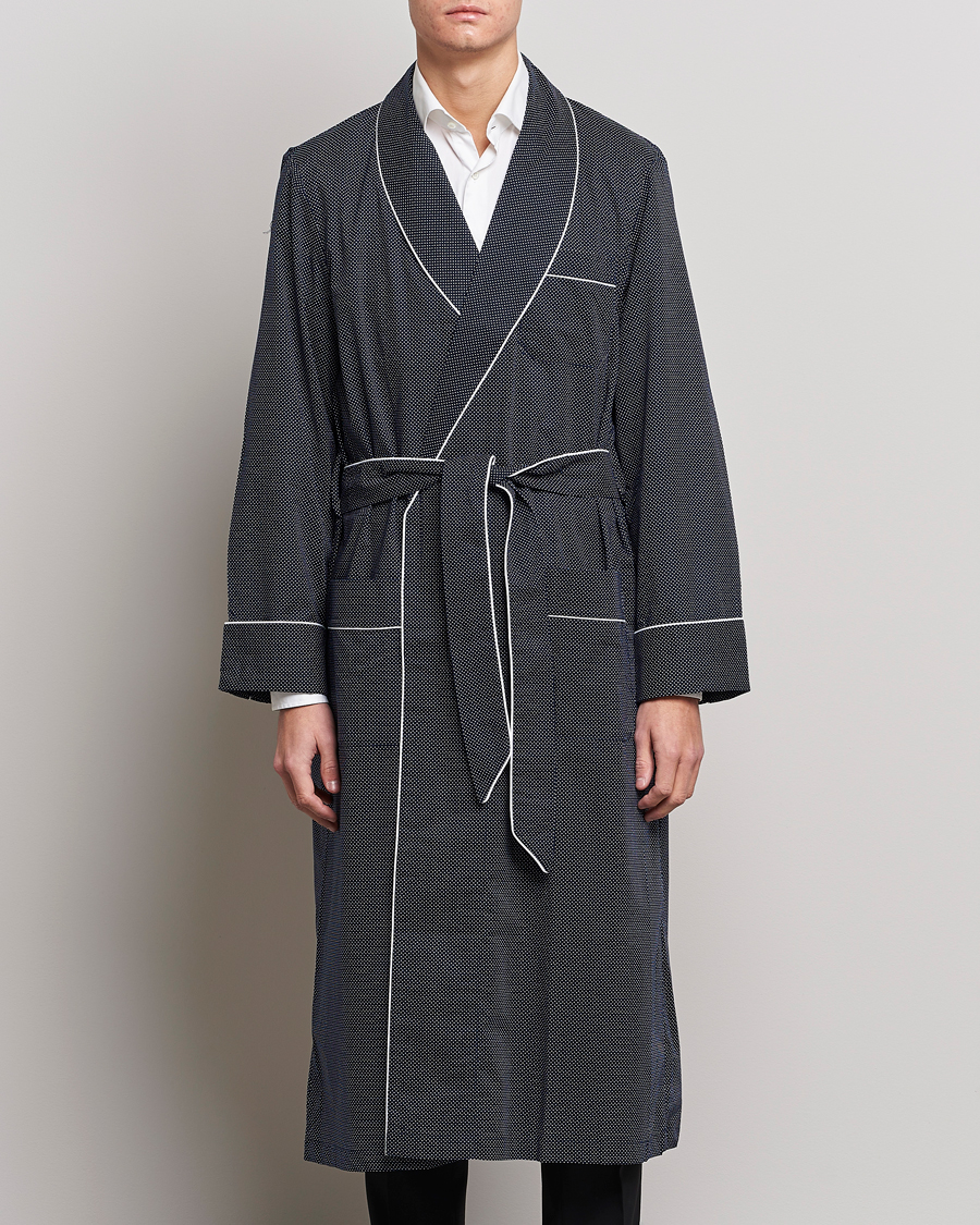 Heren | Pyjama's en gewaden | Derek Rose | Polka Dot Cotton Satin Dressing Gown Navy