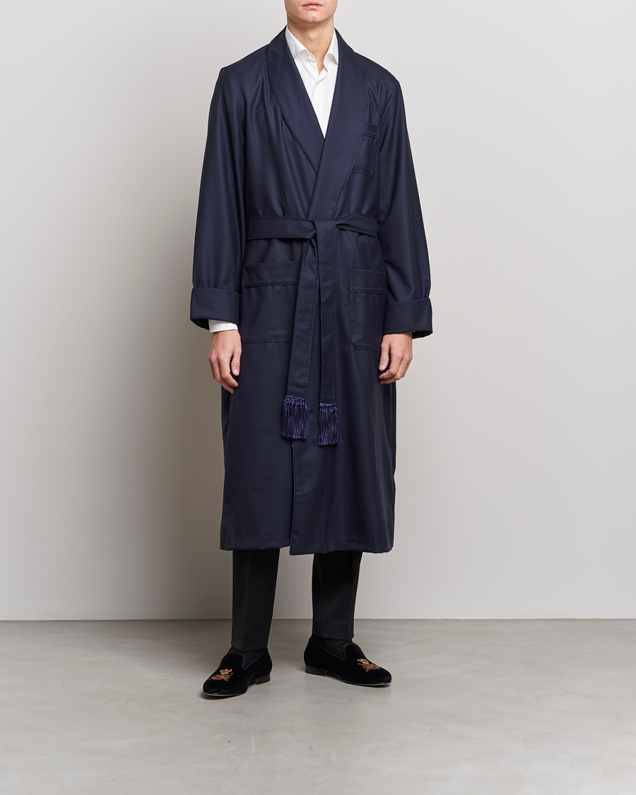 Heren | Pyjama's en gewaden | Derek Rose | Pure Wool Dressing Gown Navy