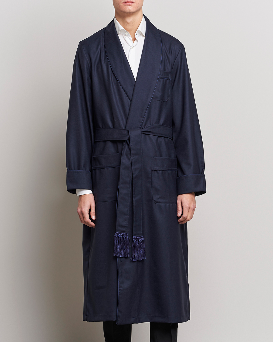 Heren | Loungewear | Derek Rose | Pure Wool Dressing Gown Navy