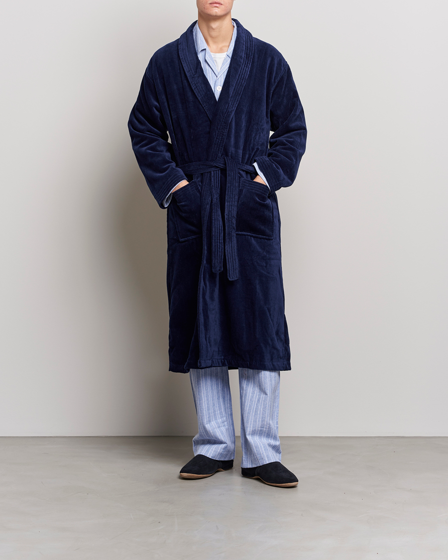 Heren | Pyjama's en gewaden | Derek Rose | Cotton Velour Gown Navy