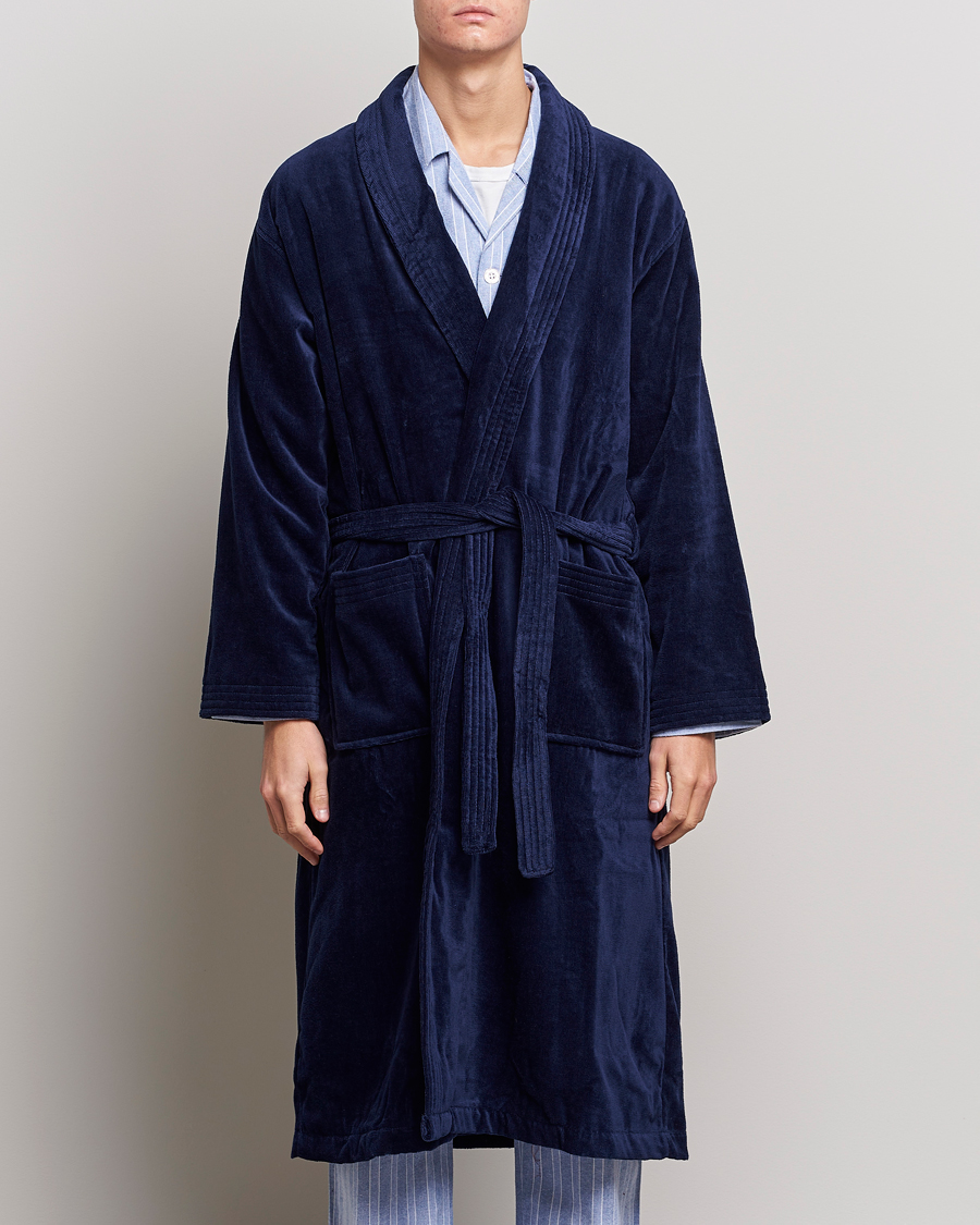 Heren | Pyjama's en gewaden | Derek Rose | Cotton Velour Gown Navy