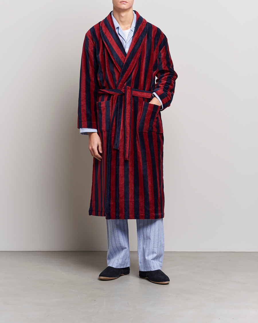 Heren | Pyjama's en gewaden | Derek Rose | Cotton Velour Striped Gown Red/Blue