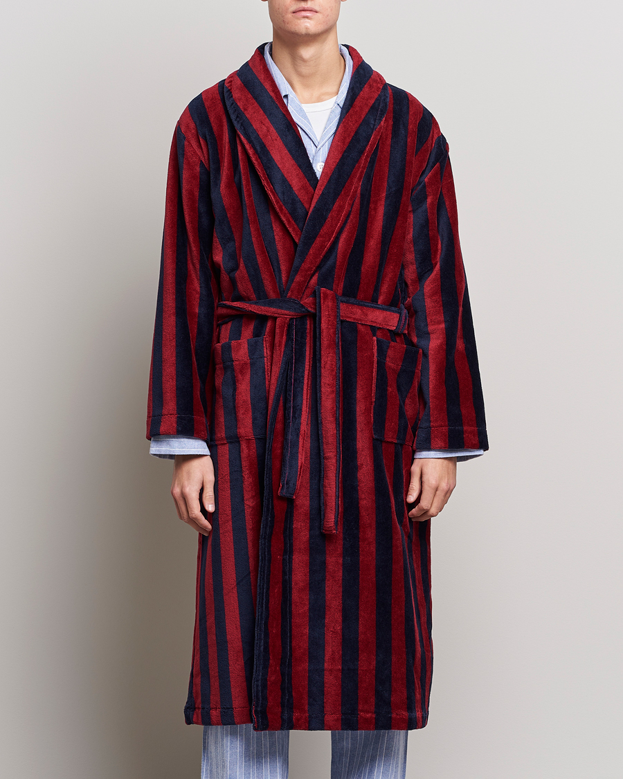 Heren | Badjassen | Derek Rose | Cotton Velour Striped Gown Red/Blue