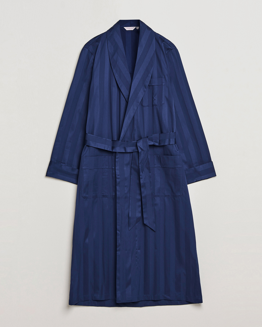 Heren | Pyjama's en gewaden | Derek Rose | Striped Cotton Satin Dressing Gown Navy/Navy