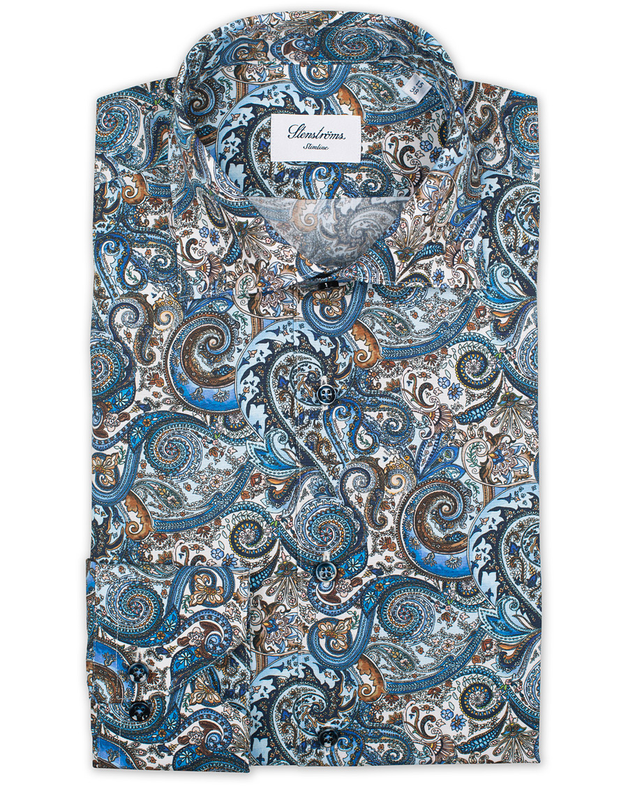 Heren | Overhemden | Stenströms | Slimline Printed Paisley Shirt White/Blue