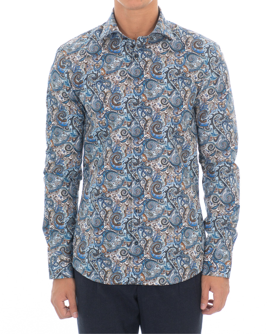 Heren | Overhemden | Stenströms | Slimline Printed Paisley Shirt White/Blue