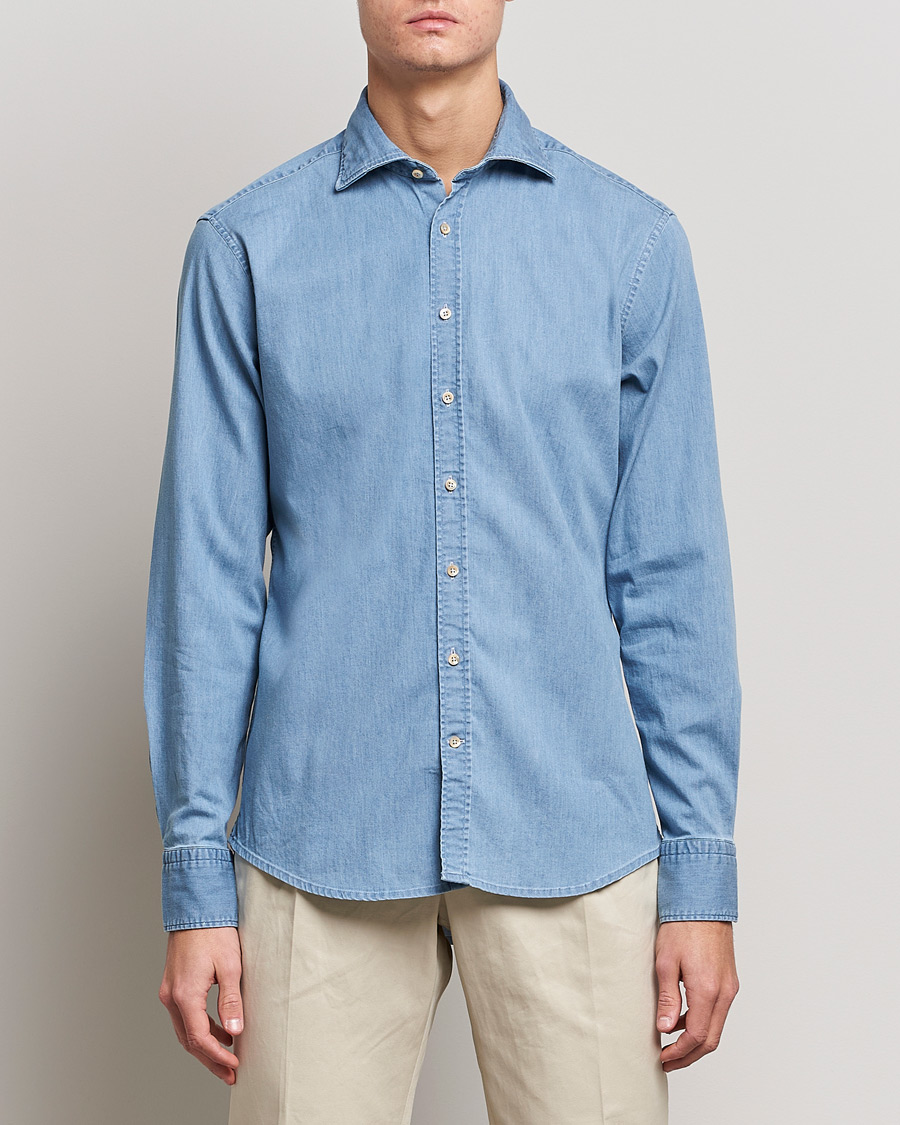 Heren | Business & Beyond | Stenströms | Fitted Body Garment Washed Shirt Light Denim