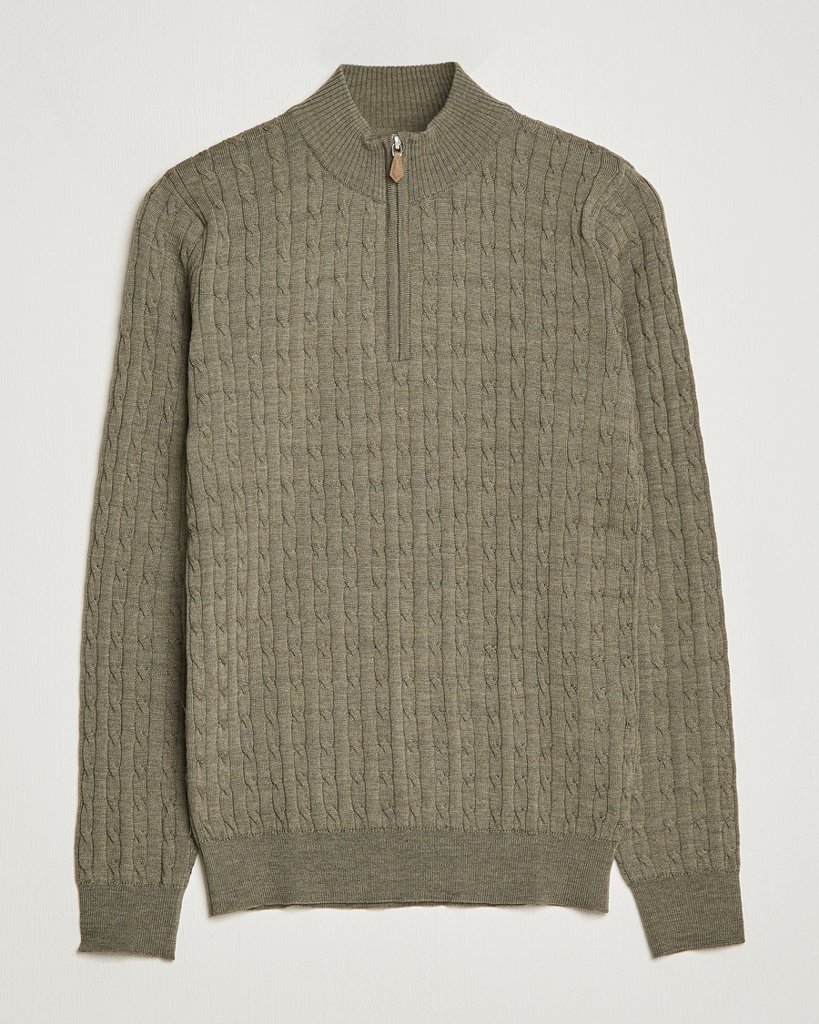 Heren | Truien | Stenströms | Merino Wool Cable Half Zip Olive