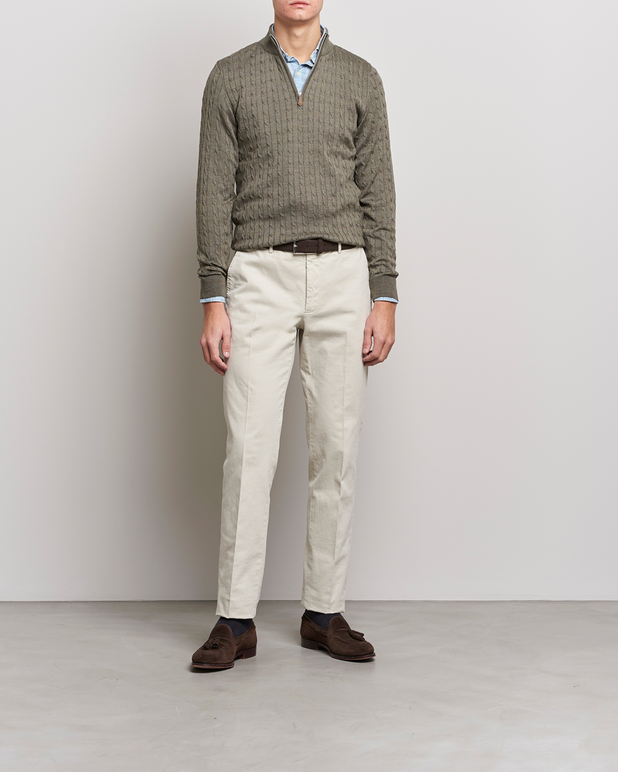 Heren | Truien | Stenströms | Merino Wool Cable Half Zip Olive