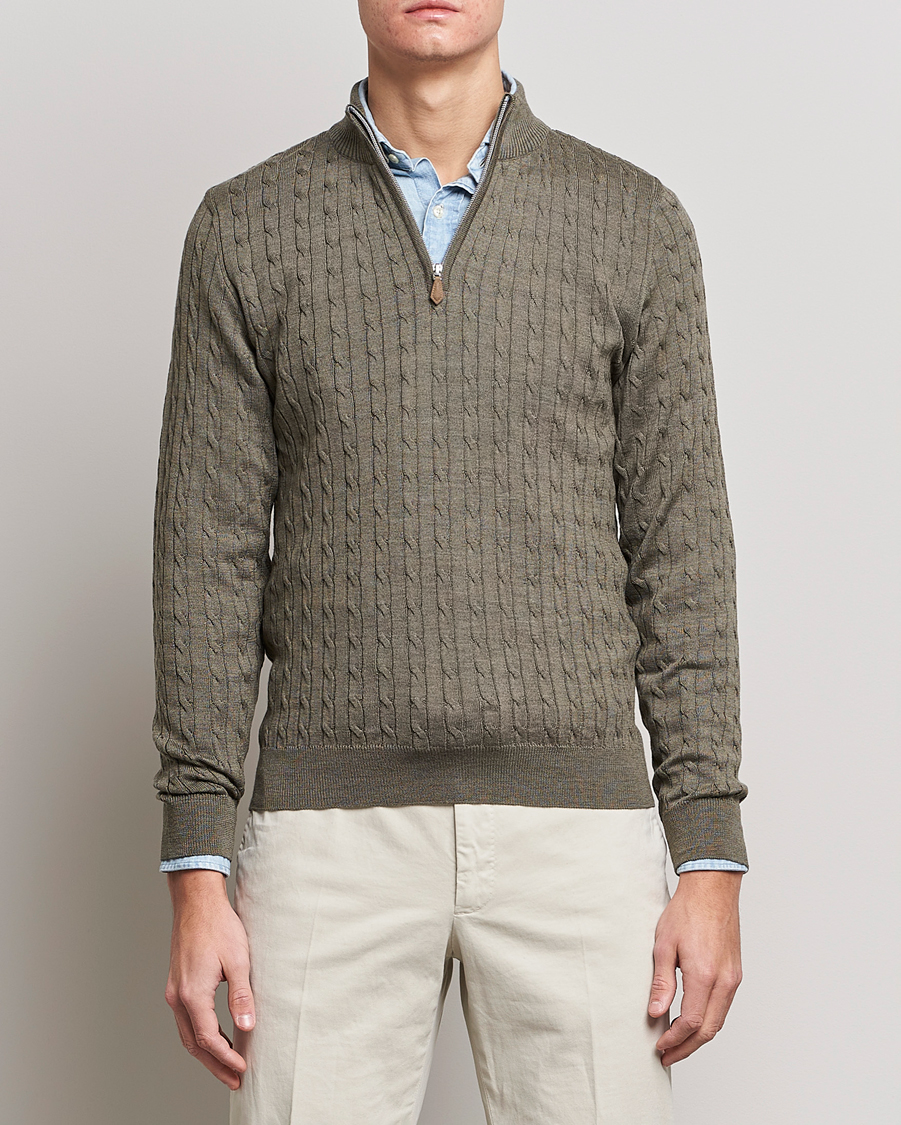 Heren | Truien | Stenströms | Merino Wool Cable Half Zip Olive