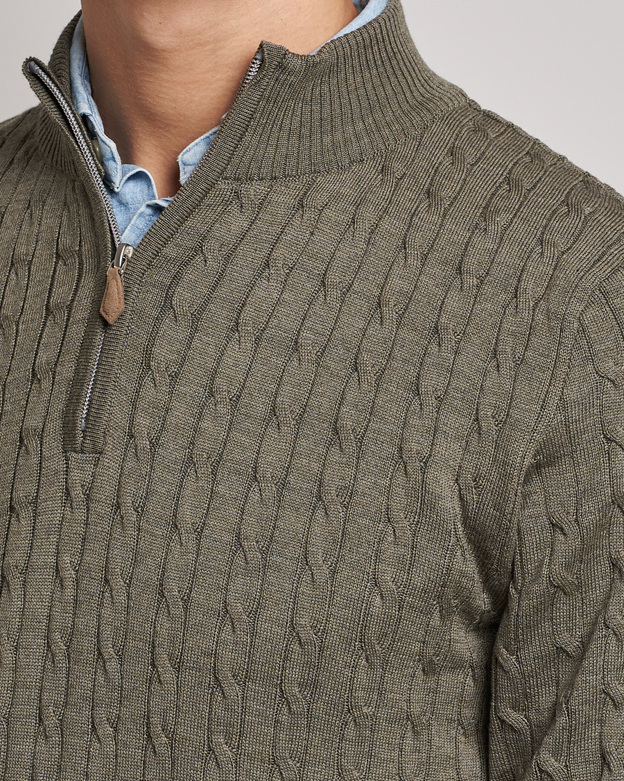 Heren | Truien | Stenströms | Merino Wool Cable Half Zip Olive