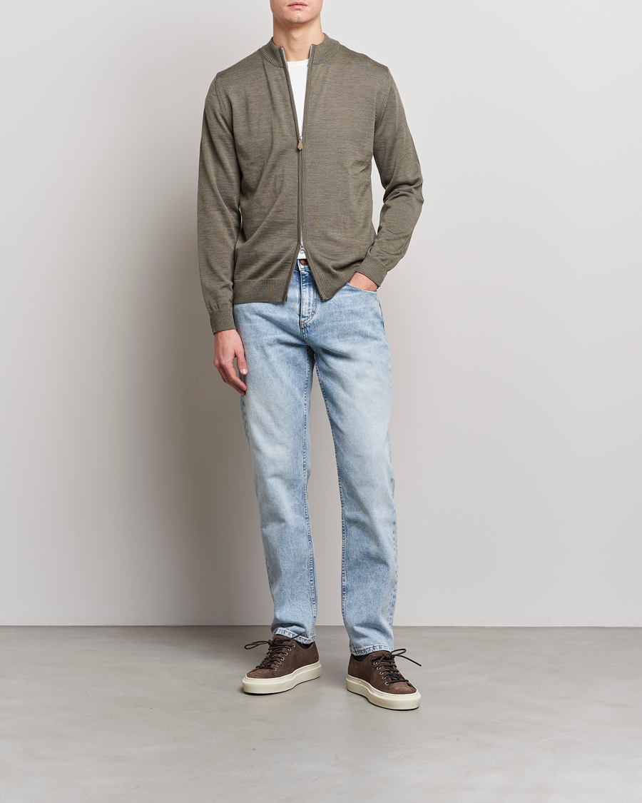 Heren | Truien | Stenströms | Merino Full Zip Olive