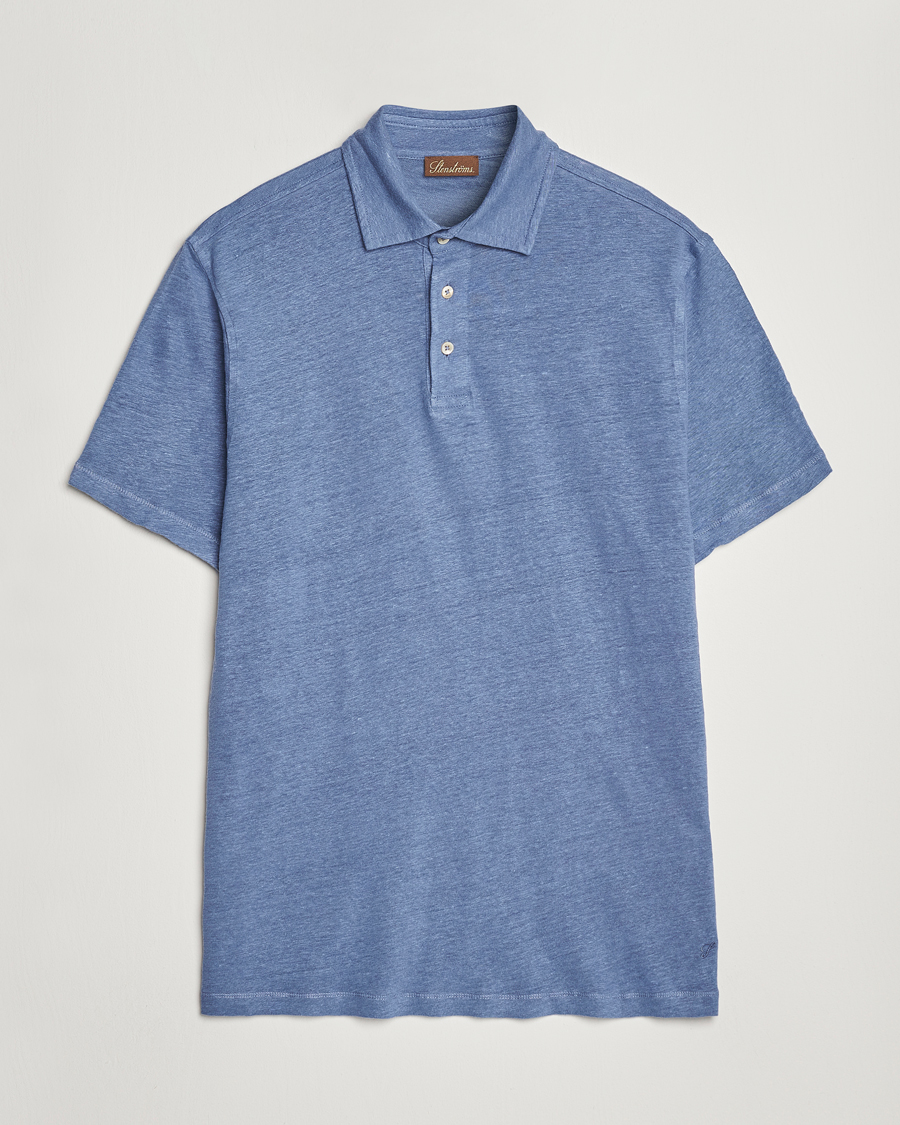 Heren | Polo's | Stenströms | Linen Polo Shirt Mid Blue