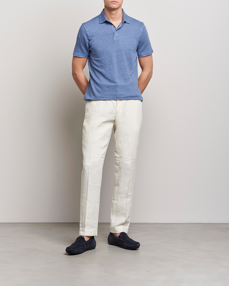 Heren | Polo's | Stenströms | Linen Polo Shirt Mid Blue