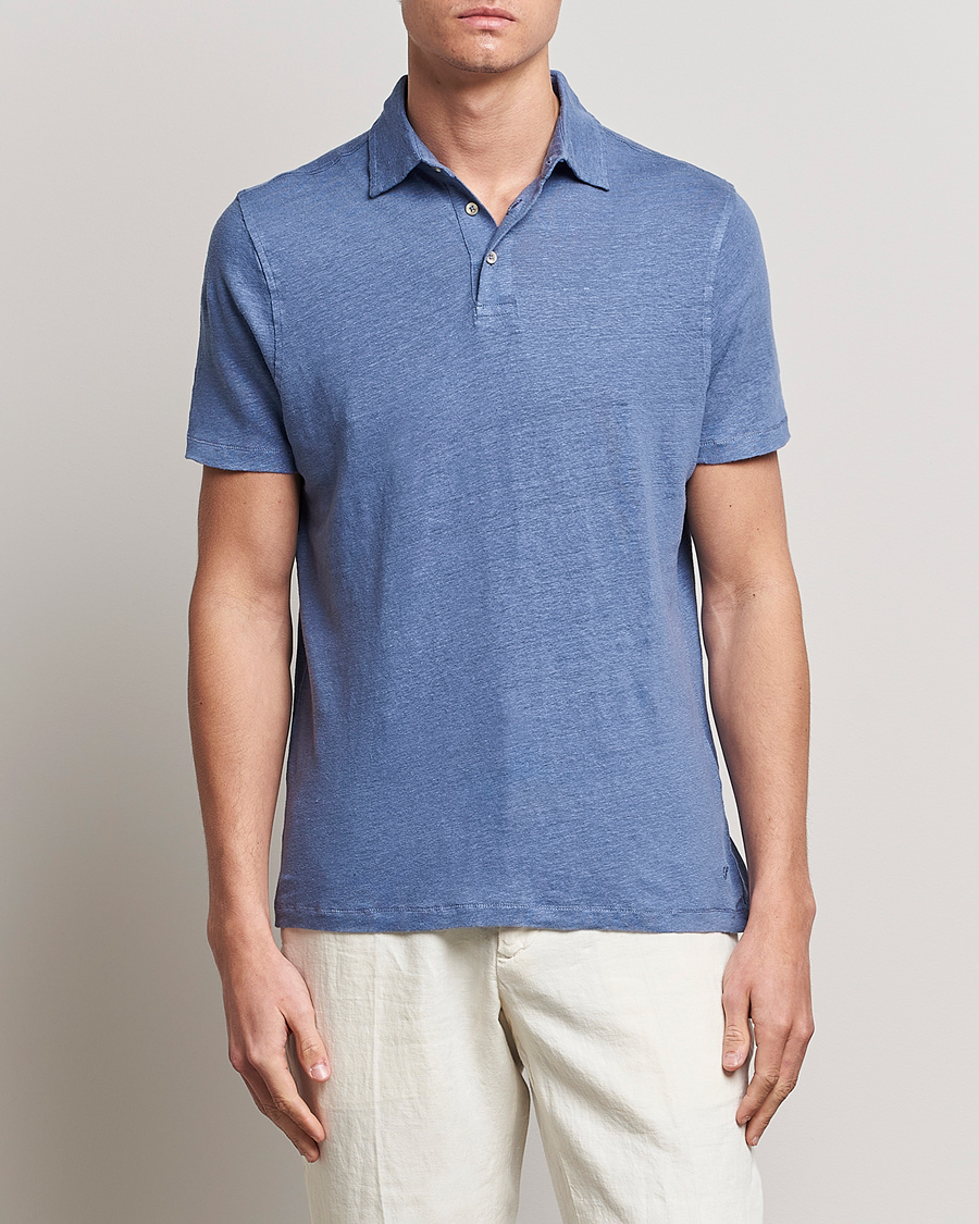 Heren | Polo's | Stenströms | Linen Polo Shirt Mid Blue