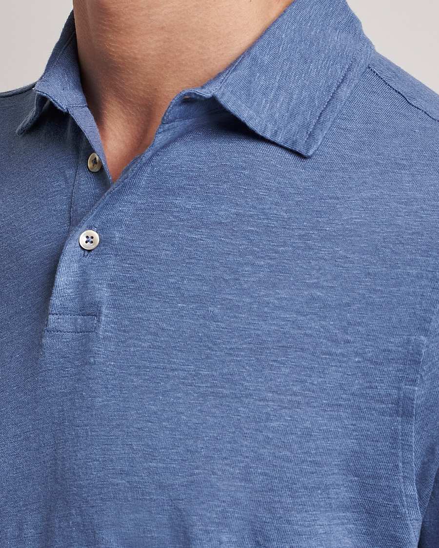 Heren | Polo's | Stenströms | Linen Polo Shirt Mid Blue