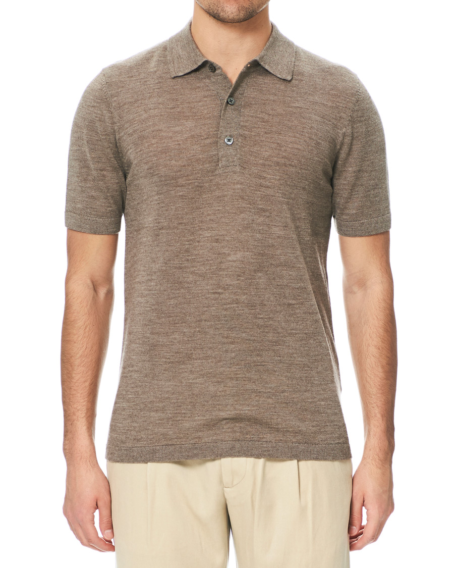 Heren | Polo's | A Day's March | Short Sleeve Merino Polo Taupe Melange