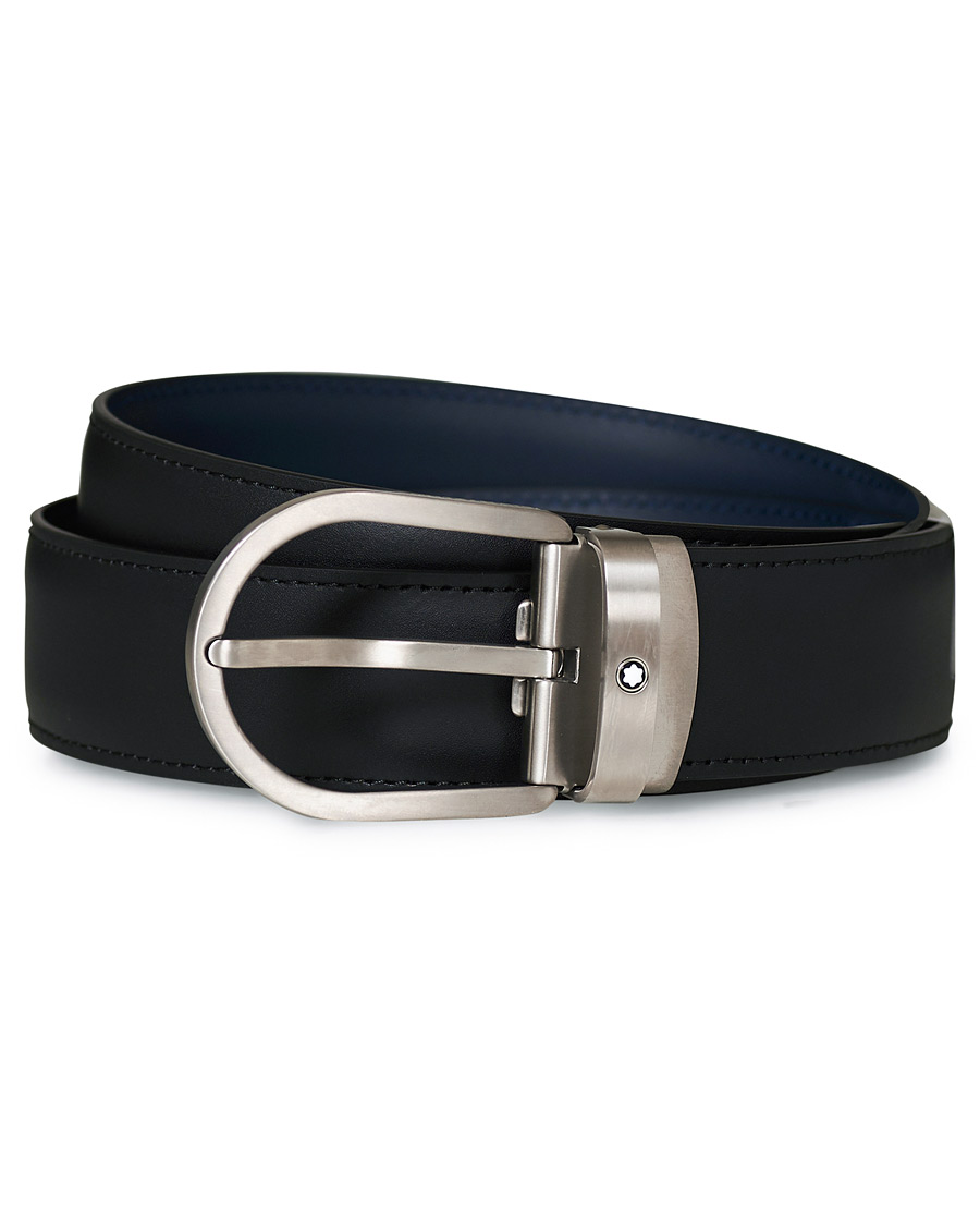 Heren | Montblanc Matt Buckle Reversible 32mm Leather Belt Black/Blue | Montblanc | Matt Buckle Reversible 32mm Leather Belt Black/Blue