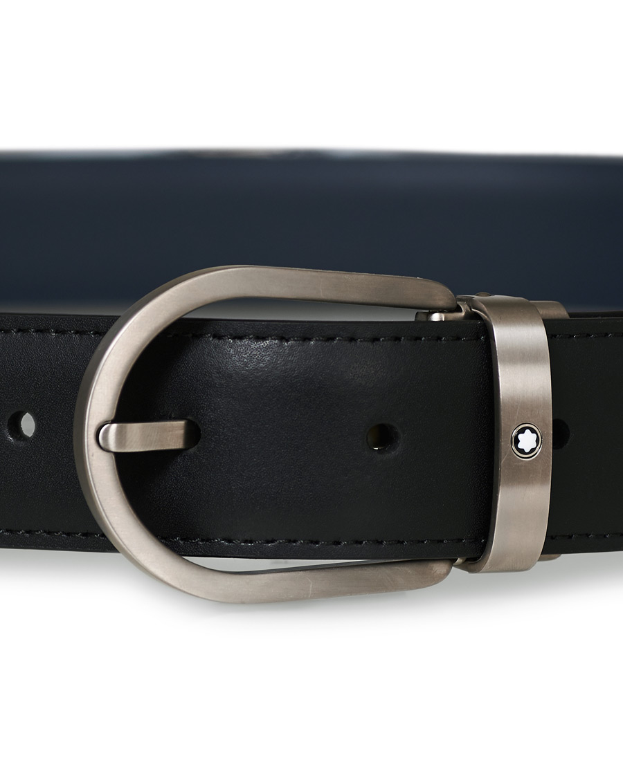 Heren | Montblanc Matt Buckle Reversible 32mm Leather Belt Black/Blue | Montblanc | Matt Buckle Reversible 32mm Leather Belt Black/Blue