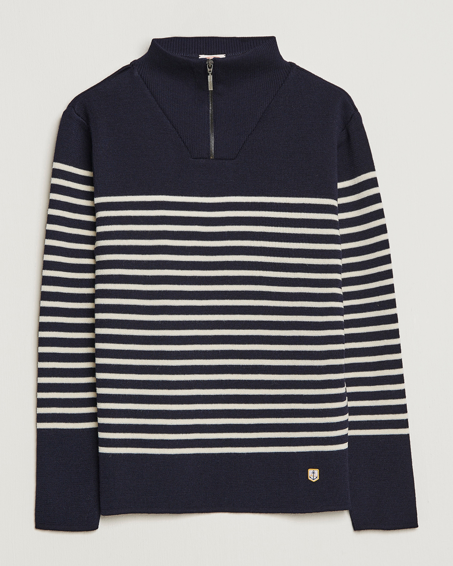 Heren | Truien | Armor-lux | Camionneur Héritage Striped Half Zip Navy/Nature