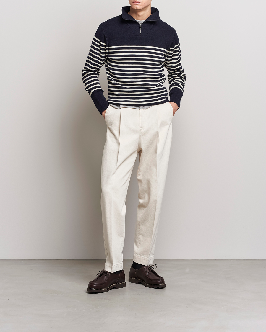 Heren | Truien | Armor-lux | Camionneur Héritage Striped Half Zip Navy/Nature