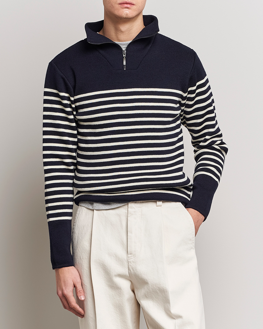 Heren | Truien | Armor-lux | Camionneur Héritage Striped Half Zip Navy/Nature
