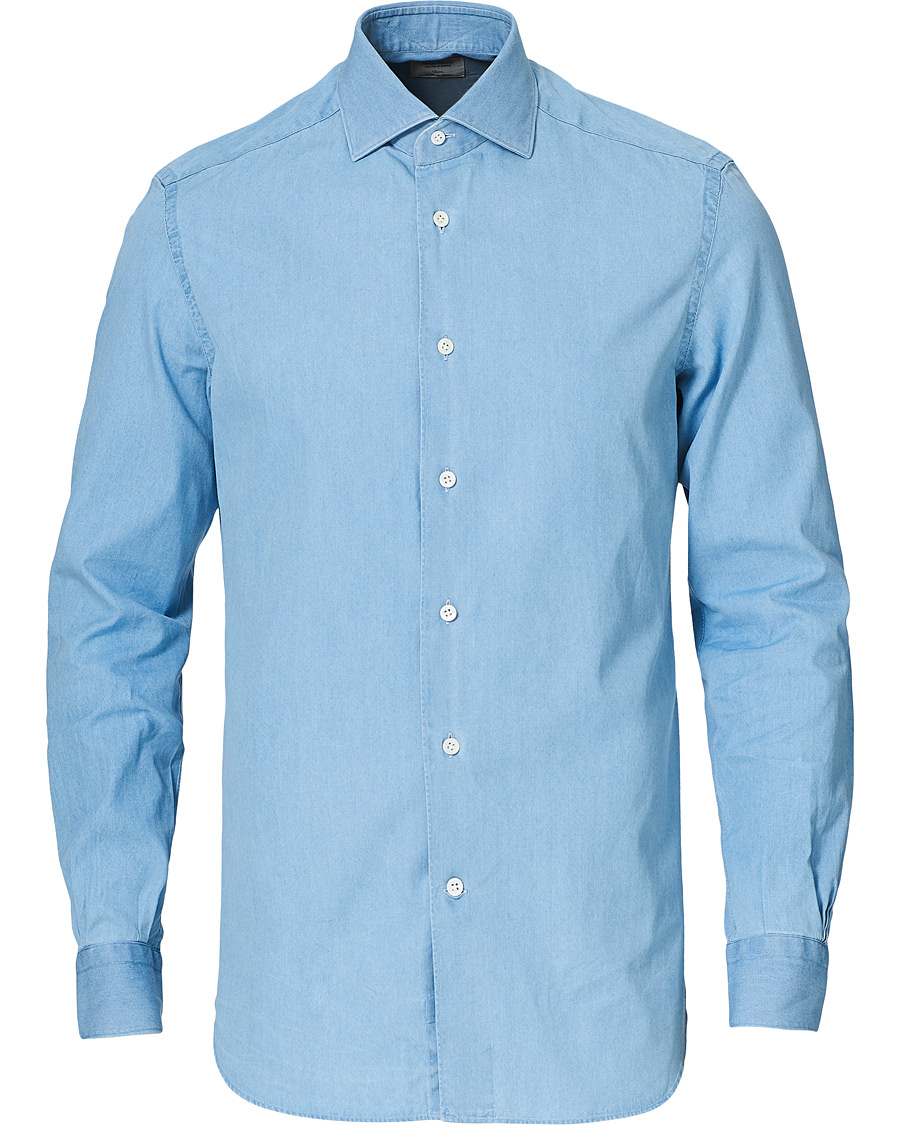 Heren | Overhemden | Mazzarelli | Soft Cut Away Denim Shirt Light Indigo