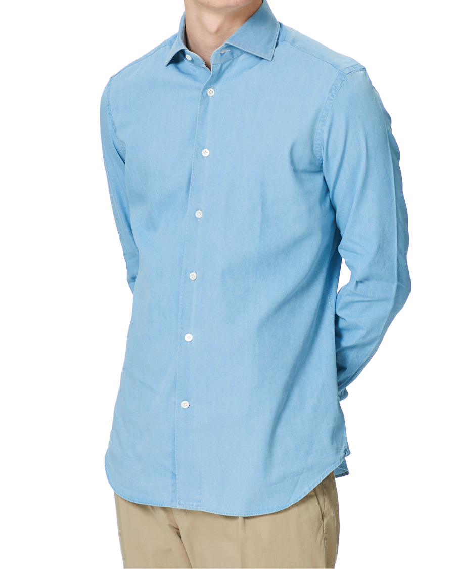 Heren | Overhemden | Mazzarelli | Soft Cut Away Denim Shirt Light Indigo