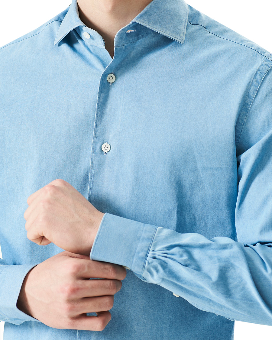 Heren | Overhemden | Mazzarelli | Soft Cut Away Denim Shirt Light Indigo