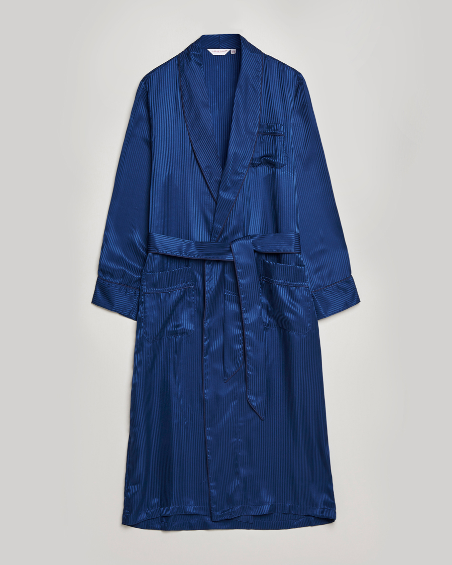 Heren | Pyjama's en gewaden | Derek Rose | Pure Silk Striped Dressing Gown Navy